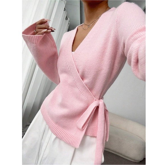 Pink Wrap Tie Side Cardigan Long Sleeve V-Neck - Picture 1 of 9